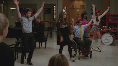 Kurt, Tina, Mercedes, Rachel, and Artie as seniors performing Sit Down You're Rocking the Boat