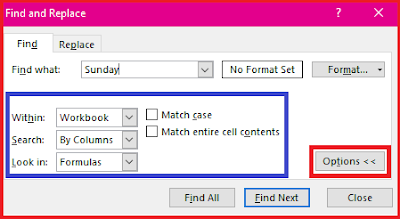 Options Button in Find and Replace