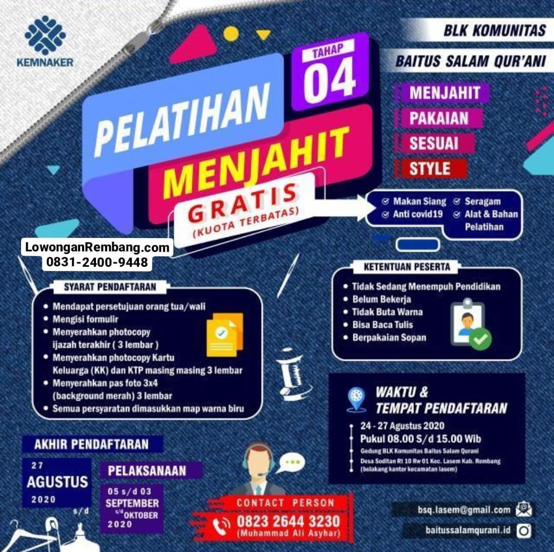 GRATIS Kursus Menjahit Di BLK Komunitas Baitus Salam Qurani Soditan Lasem Lengkap Fasilitasnya