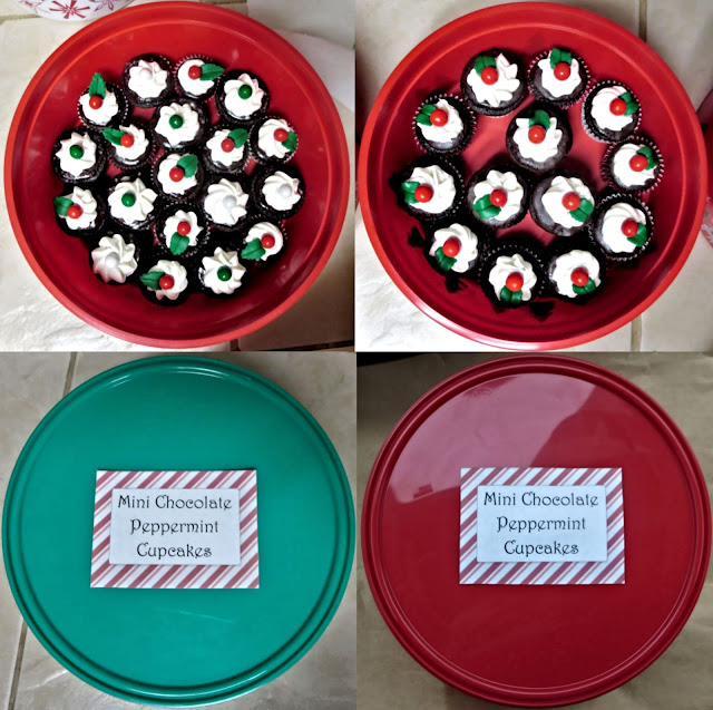 Christmas Chocolate and Peppermint Mini Cupcakes - Overhead View of Grouped in Containers and Lids with Labels