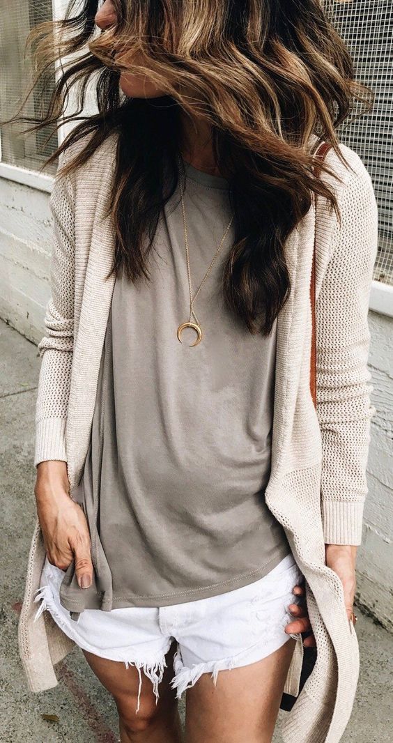 how to wear a beige cardigan : top + white shorts