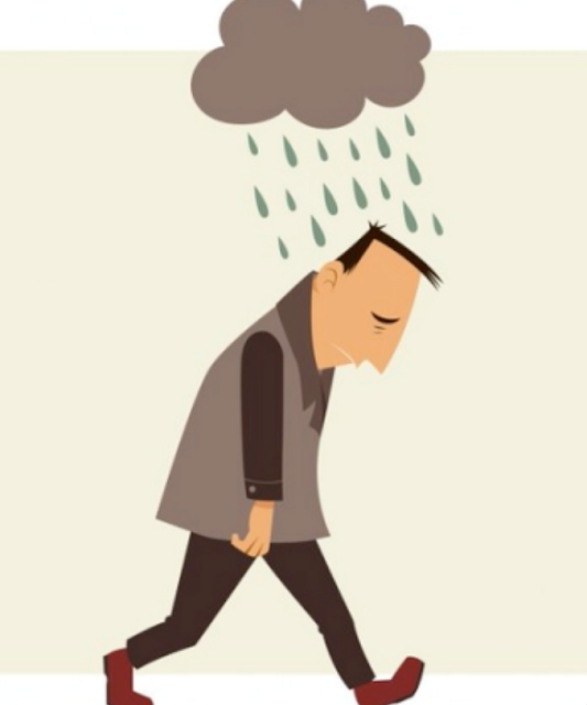 Image displays a cartoon depication of a man who is walking in the rain. The Man's shoulders are slouched, and he looks unhappy | Kerry Loeb | Health Training | Self-Massage