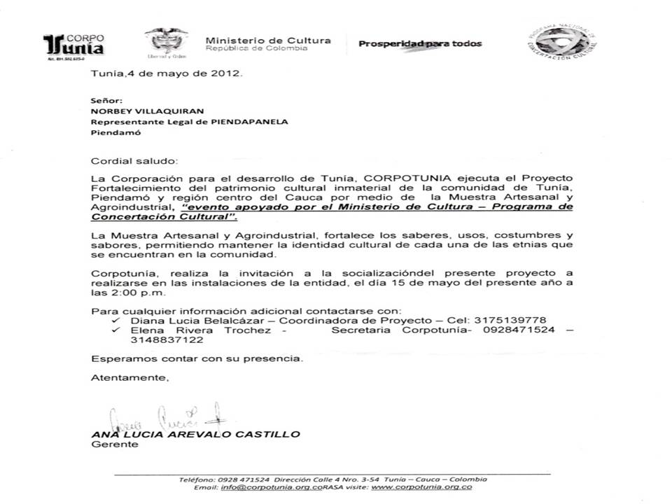 Exposicion Agroindustrial Artesanal (CORPOTUNIA): Carta 
