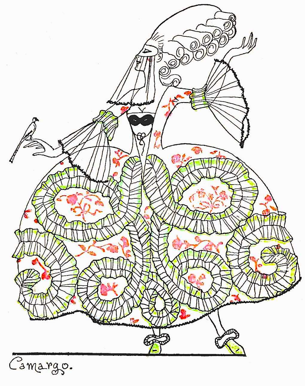 a 1922 fashion illustration, masquerade woman