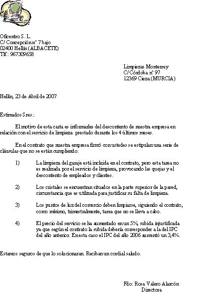 Oficentro: Carta de queja por el servicio de limpieza. Rosa Oficentro: Carta de queja por el servicio de limpieza. Rosa