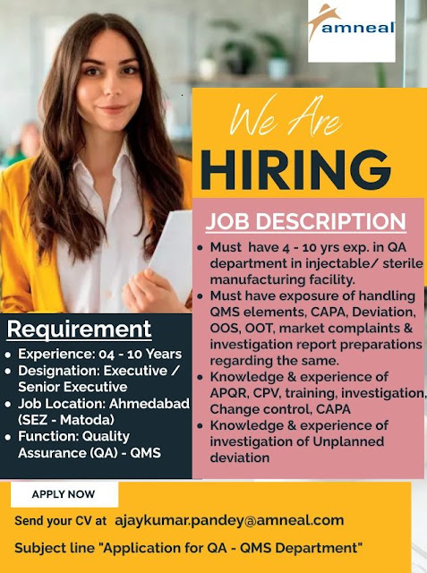 Amneal Pharma Hiring For Quality Assurance Dept