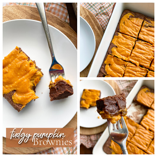 Collage of photos of fudgy pumpkin brownies.