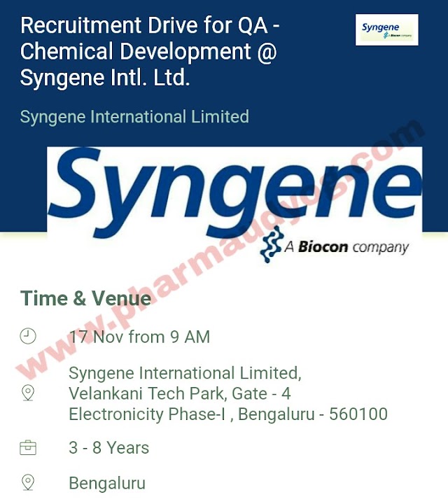 Syngene International | Walk-In interview for QA | 17th November 2018 | Bangalore