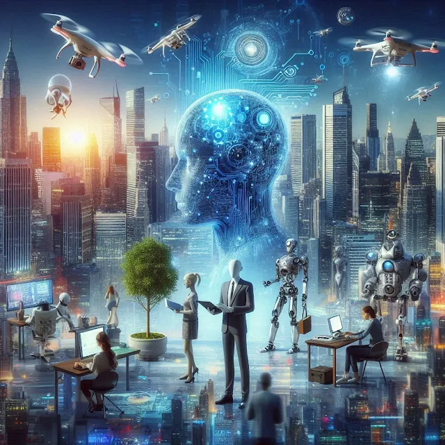 Drones and robots manage a futuristic city as humans collaborate with AI. A glowing digital head symbolizes AI's dominance in daily life and work.