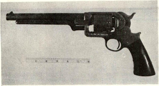 Second Model .44 was single action with 8" barrel to be uniform with Colt’s and Remington’s arms. The Ordnance obtained 25,000, plus two cutaway inspection models. Specimen shown, from Ed Louer collection (111.) is marked Va. Cavalry, but 77th Regiment is not mentioned in Official Records Index.