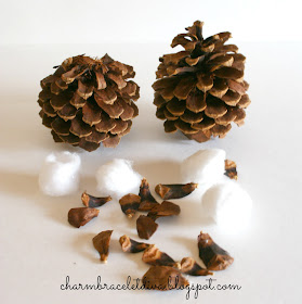 pine cone scales and cotton balls for DIY faux cotton stems