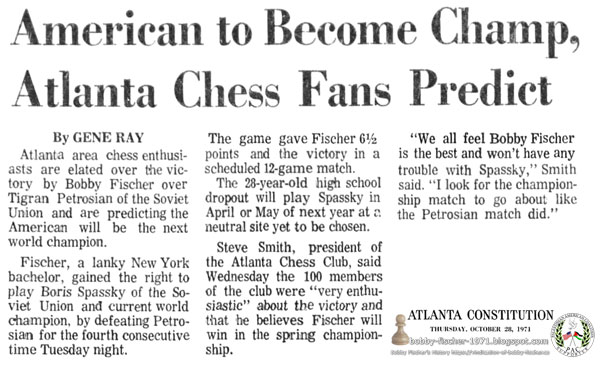 American to Become Champ, Atlanta Chess Fans