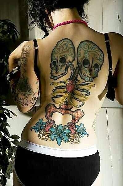 Tattoos of Skeleton on Women Back, Women Back tattoos with Skeleton, Attractive Skeleton Designs Tattoos for Women