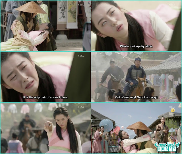 a ro ask moo myung to get her shoes as its the only pair of shoe and without it she can't walk , moo myung again while saving a ro become in a romantic pose - Hwarang - Ep 1 