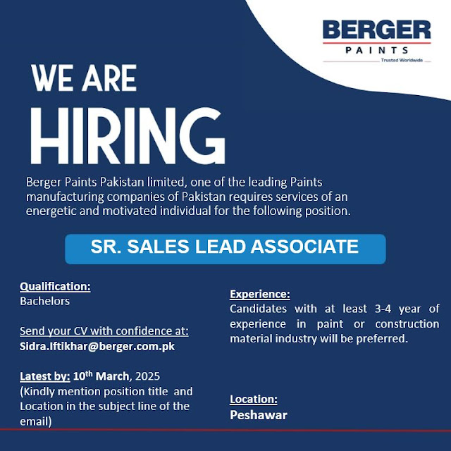 Berger Paints Pakistan Pvt Ltd Latest Jobs in Peshawar Sr Sales Lead Associate 2025