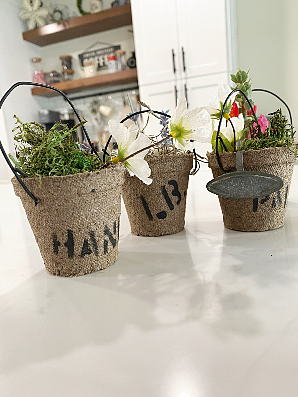 seed starter cups with flowers, handles and stencils