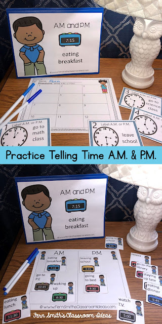 Second Grade Go Math 7.11 A.M. and P.M. Bundle - Practice Telling Time - This bundle has task cards and center games for Second Grade Go Math 7.11 A.M. and P.M. You will love how easy it is to prepare this easy to prep bundle for your math class. Perfect for small groups, read the room, centers, scoot, tutoring, Around the World whole class game, homework, seat work, so many ways to use these task cards that the possibilities are endless. Your students will enjoy reviewing important skills with the center games! Perfect for an assessment grade for the week or for a substitute teacher day! #FernSmithsClassroomIdeas