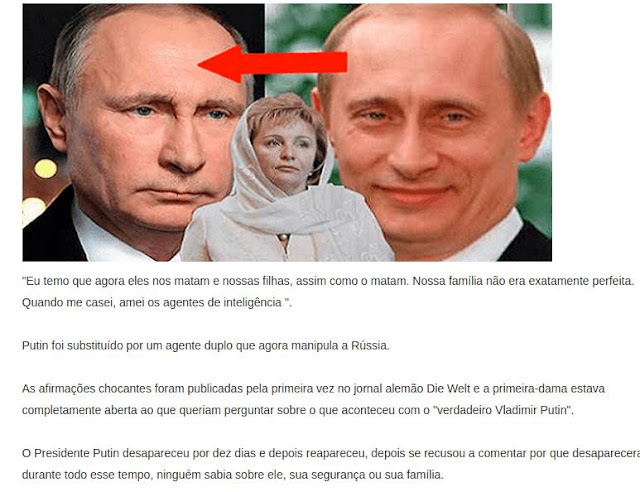 'PUTIN ESTÁ MORTO' - Ex-esposa afirma que Vladimir foi morto há anos e Rússia está sendo liderada por um 'sósia'