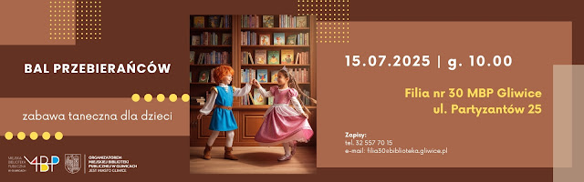 Baner promujący zajęcia. W środku chłopiec i dziewczyna na tle regałów z książkami, po bokach informacje dotyczące wydarzenia.