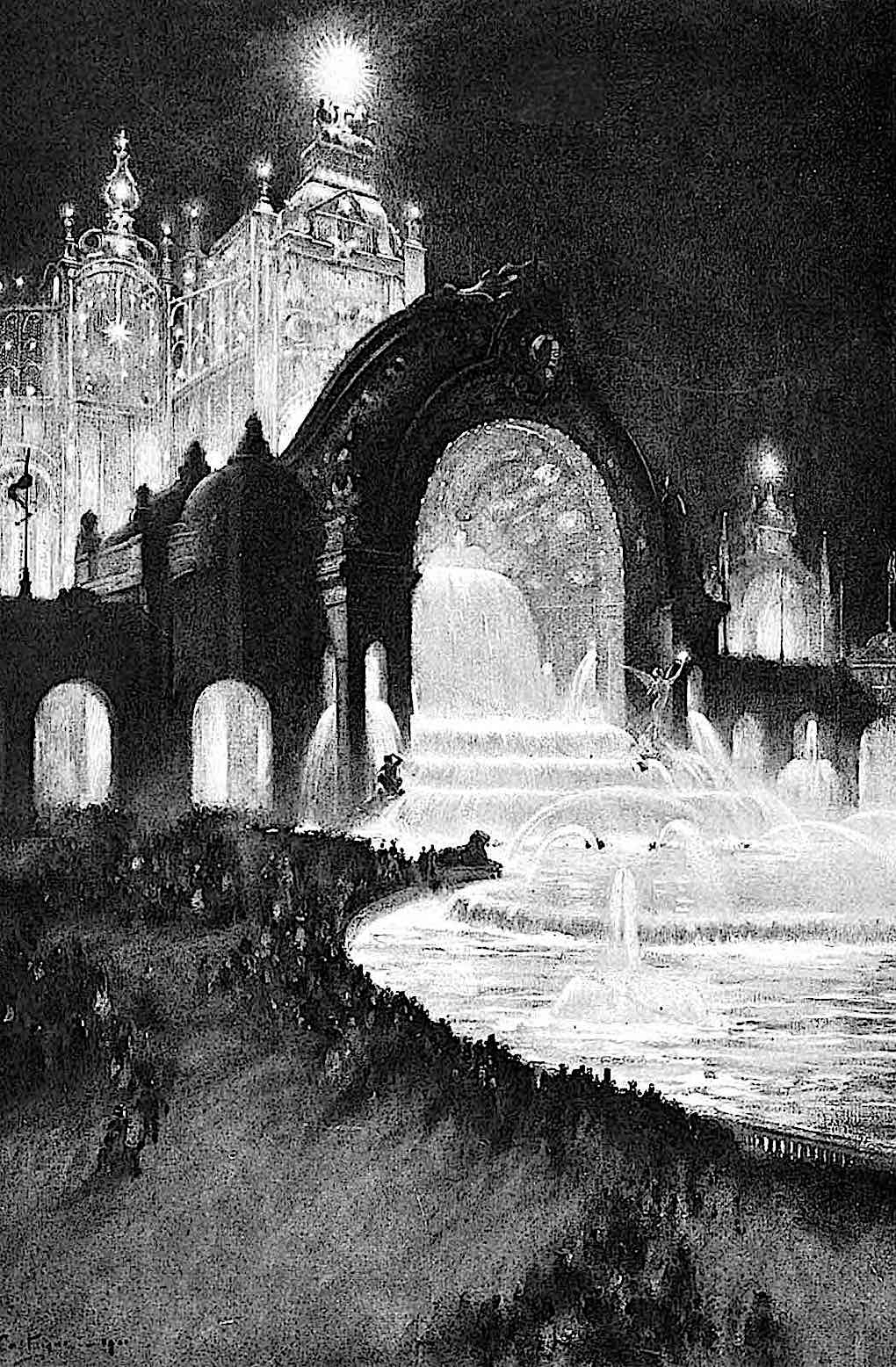 an Andre Castaigne sketch at the 1900 World's Fair with electric lighting showing a giant fountain