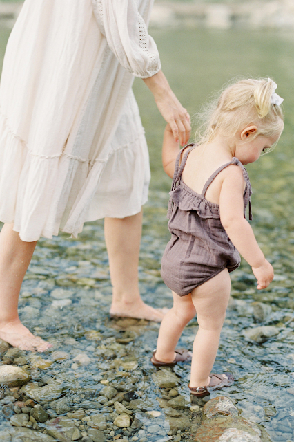 Mom Toddler Barefoot Walking in Stream
