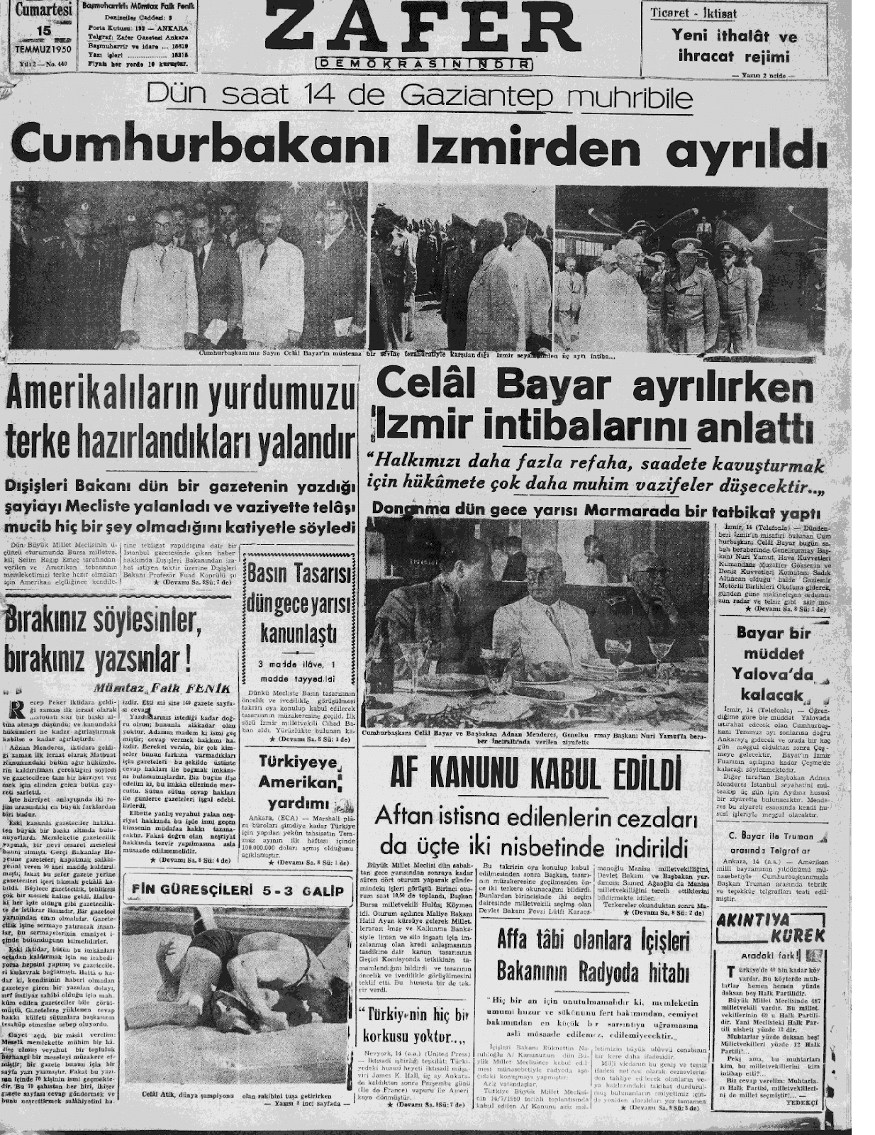 15 Temmuz 1950 Zafer Tam Metin