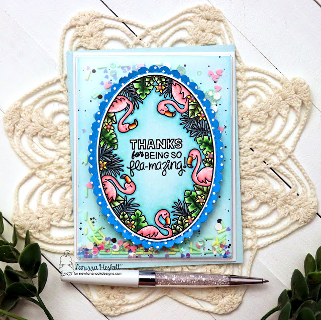 Flamingo Thank you Shaker card by Larissa Heskett | Flamingo Oval Stamp Set and Oval Frames Die Set by Newton's Nook Designs #newtonsnook