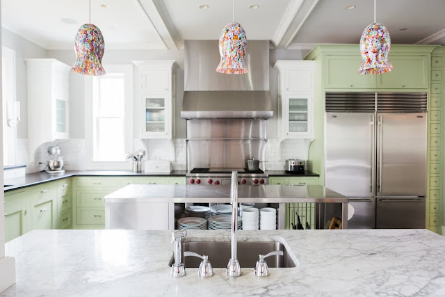 Modern farmhouse kitchen with bright green cabinets on Hello Lovely Studio