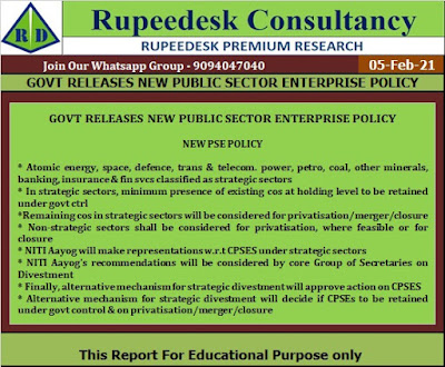 GOVT RELEASES NEW PUBLIC SECTOR ENTERPRISE POLICY -  Rupeedesk Reports - 05.02.2021