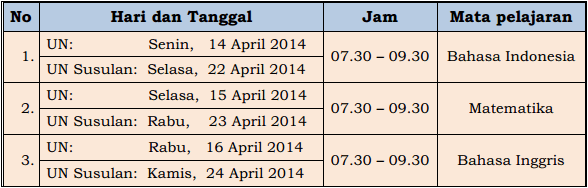 Jadwal UN Tahun Pelajaran 2013/2014