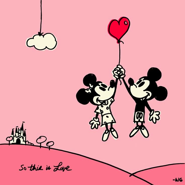 TWO MICKEYS CARRIED BY A HEART BALLOON