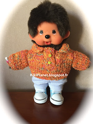 Pull colo polo orange pour kiki ou monchhichi - vêtement -tricot - handmade -