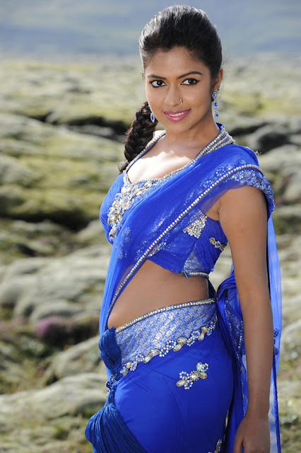 Amala Paul Hot Navel Show Stills in Cute Blue Saree