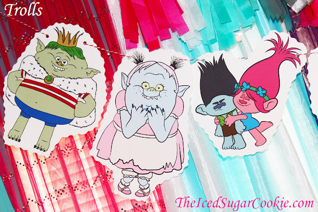 Trolls Birthday Party Flag Hanging Bunting Banner Garland Prince Gristle, Bridge, Branch and Poppy, Smidge, Biggie and Mr. Dinkles, Satin and Chenille, Cooper, Chef