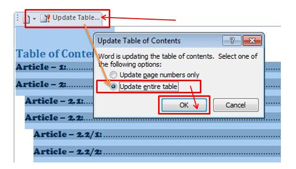 MS Word Table of Contents Update contents