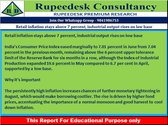 Retail inflation stays above 7 percent, industrial output rises on low base - Rupeedesk Reports - 13.07.2022