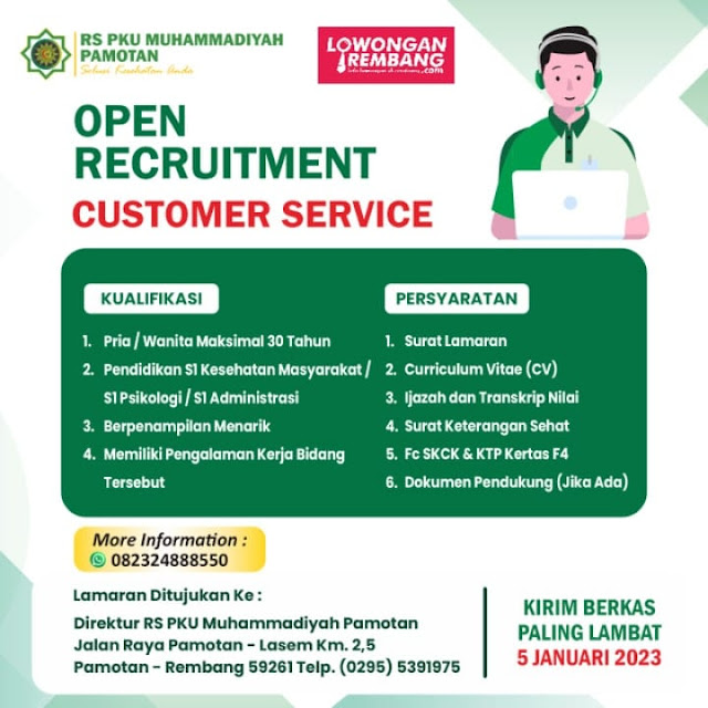 4 Lowongan Kerja Pegawai Customer Service Farmasi Desain Grafis dan Staf Admin Rumah Sakit PKU Muhammadiyah Rembang
