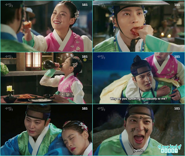 princess stuff food on gyun woo and after being drunk write jade thief on Gyun woo face -  My Sassy Girl: Episode 1 to 4  korean Drama