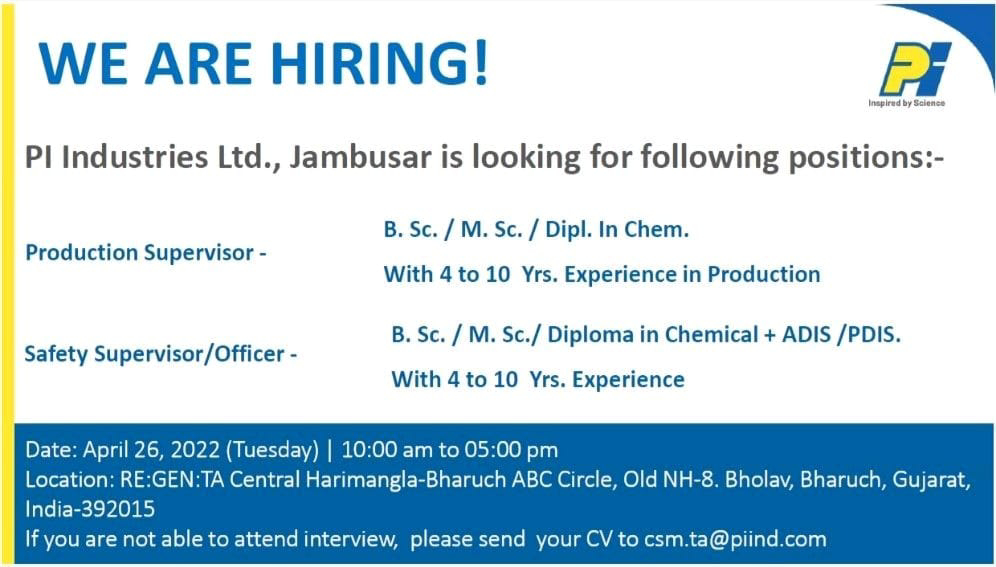 Job Availables,PI Industries Ltd Job Vacancy For  Diploma in Chemical/ BSc/ MSc/ Diploma Chemical+ ADIS /PDIS