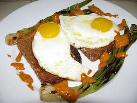 spring onions w romesco and fried egg