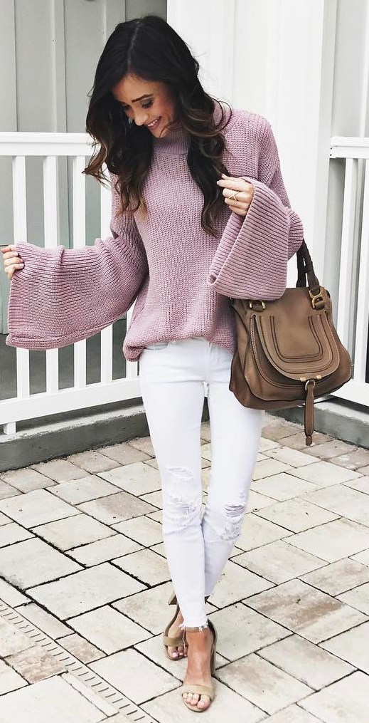 cool outfit idea / knit sweater + bag + white rips + heels