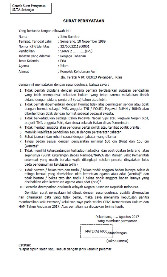 Contoh Surat Pernyataan Cpns Sma Contoh Surat Terbaru