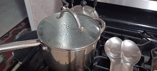Metal pan on stove with a glass lid. Inside the pan, water is boiling.
