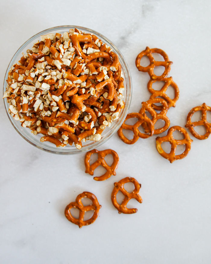 crushed pretzels in glass bowl