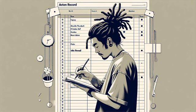 An abstract minimalistic illustration of a casual Japanese man with dreadlocks, reflecting on the importance of using time efficiently. The scene includes him filling out an action record sheet, divided into hourly segments, where he notes his daily activities. Include abstract elements representing the concept of time management and productivity. Show a humorous contrast with entries like 'idle thread' for his day off. The style is minimalistic, capturing his introspection on efficient time use and the balance between work and leisure. The illustration should focus on the character and the concept, without specific references to named individuals.