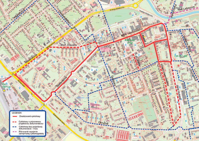 mapka cyklotrás v Michalovciach, súčastných i plánovaných