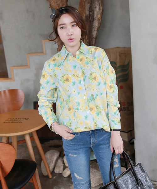Yellow Floral on Mint Button-Down Shirt