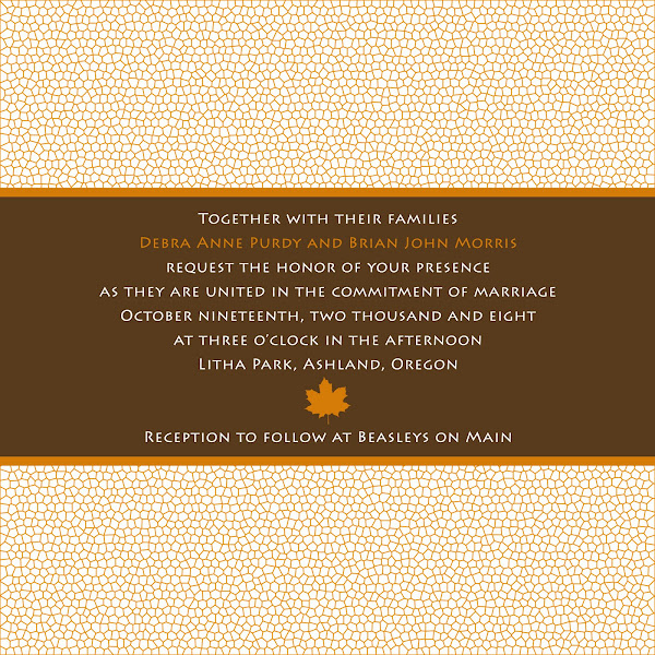 This invitation has a square design and features a maple leaf in burnt 