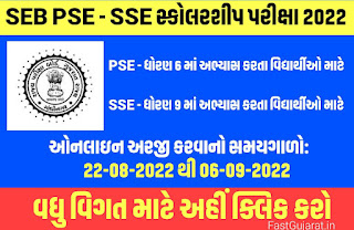 Gujarat SEB PSE – SSE Scholarship Exam 2022 Notification | Apply Online | www.sebexam.org