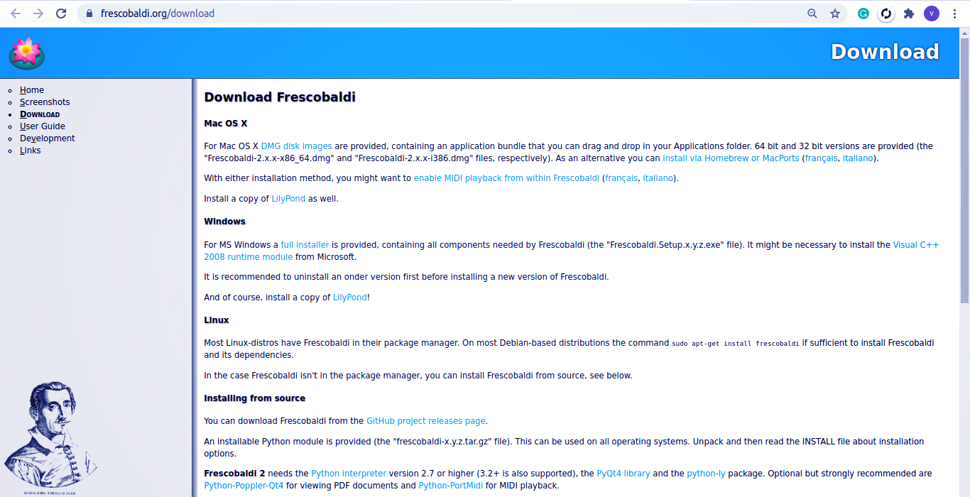Frescobaldi download page